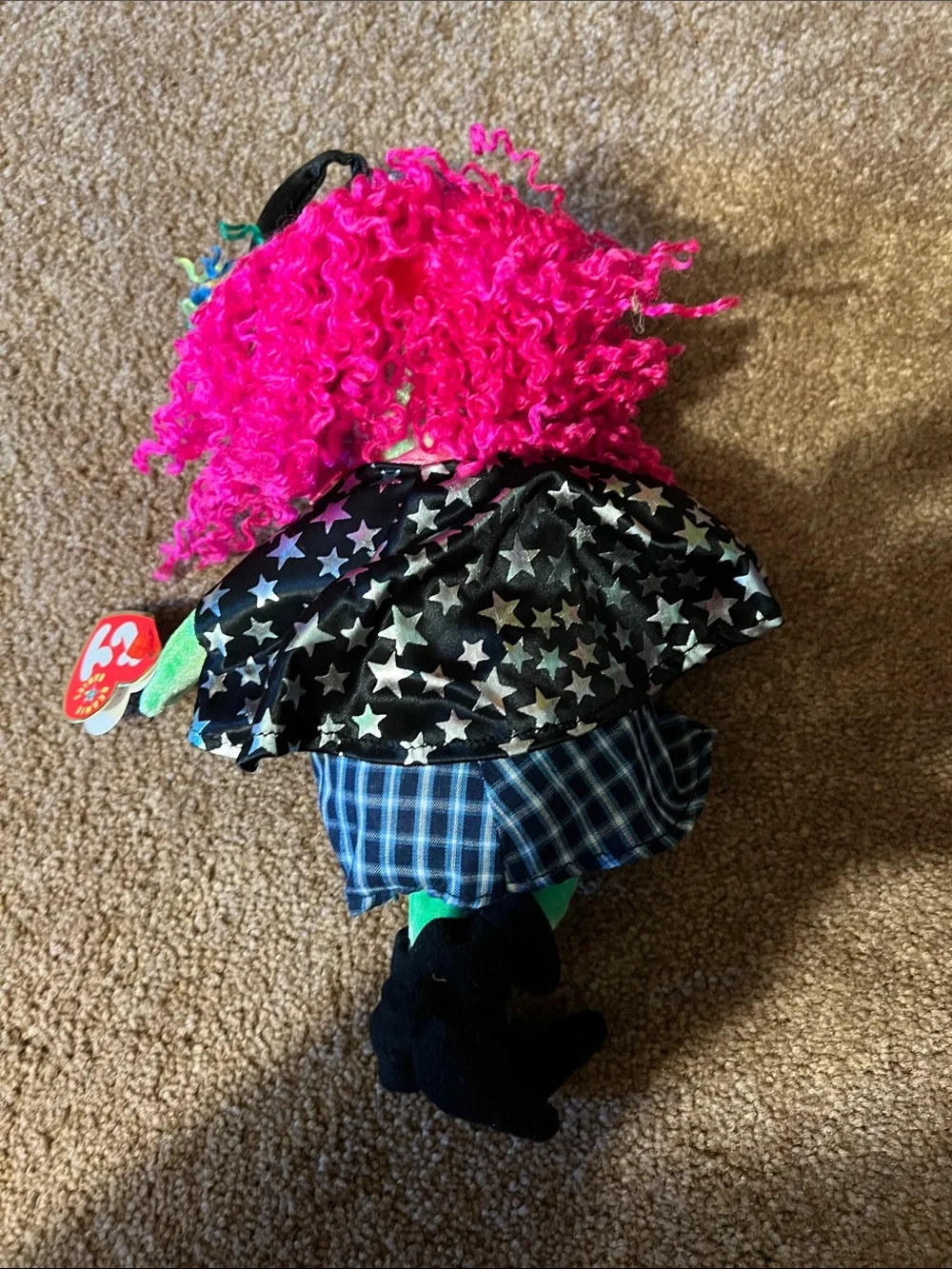Retired Ty Green-Faced Witch Plush with Pink Hair and Black Star Cape